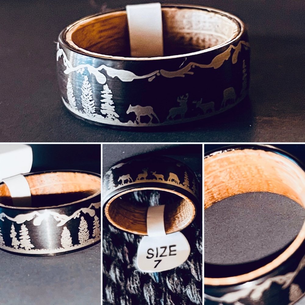 Forest Trees & Wildlife Tungsten Carbide W/ Wood Ring